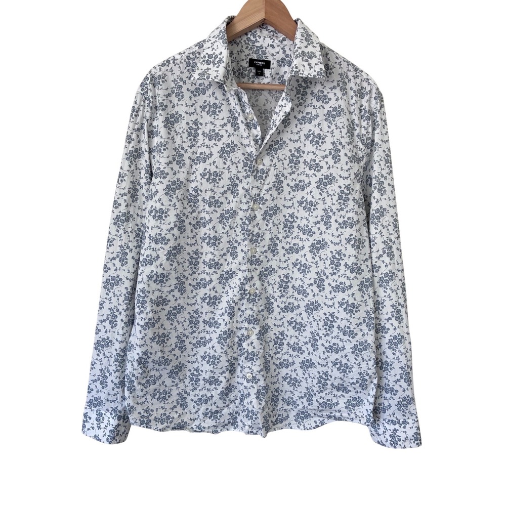 Express Slim 1MX Mens Large White Blue Floral Rose Print Long Sleeve Button Down